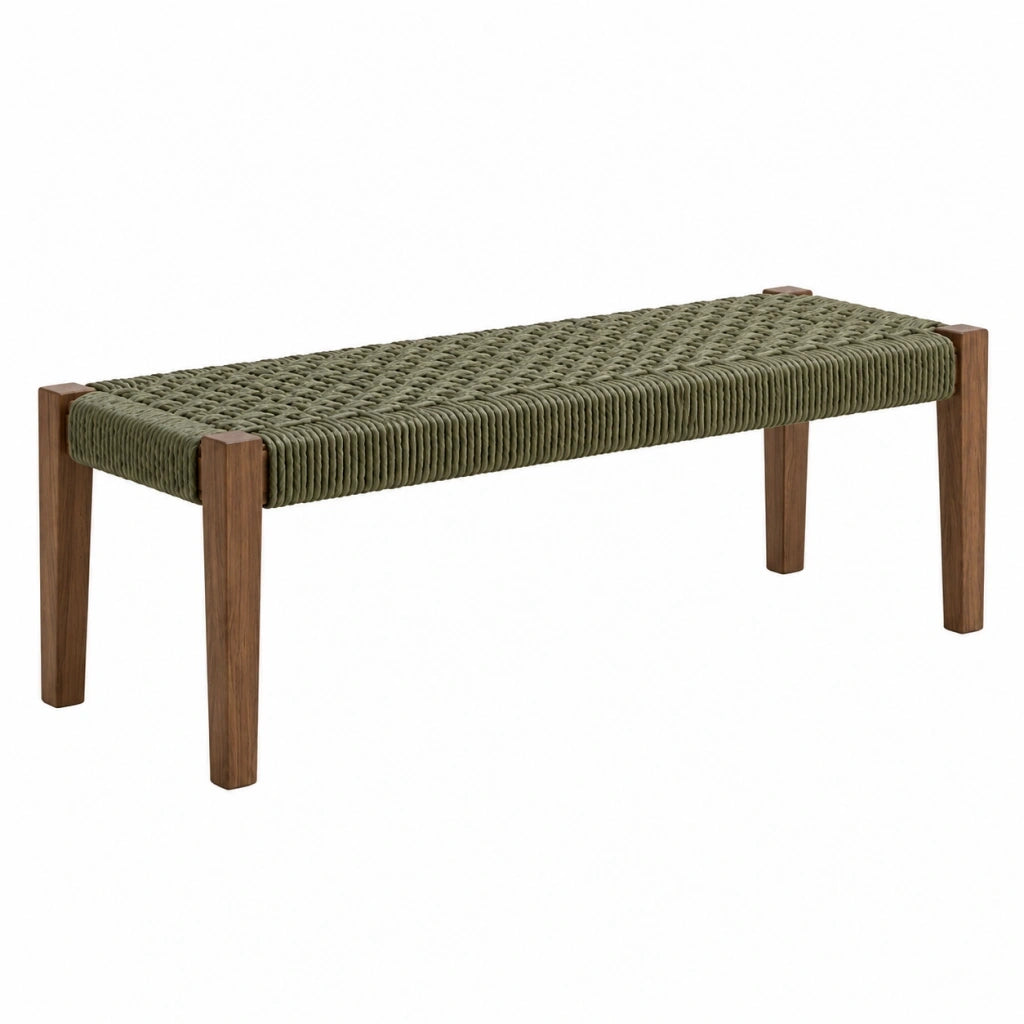 Panca 120 x 40 x 45 cm in legno e corda intrecciata verde stile naturale