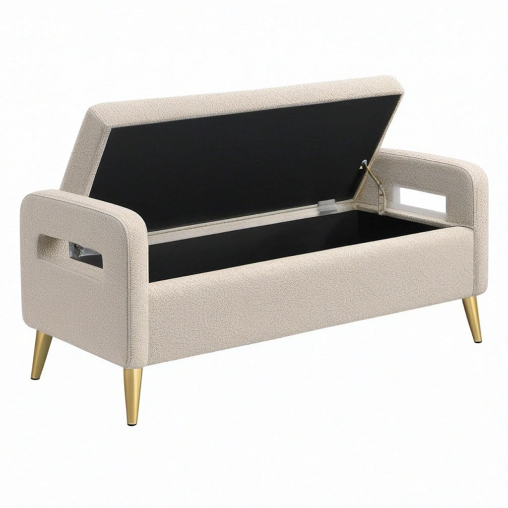 Panca contenitore 120 x 50 x 78 cm in tessuto bouclé beige con braccioli e gambe metalliche