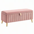 Panca contenitore 100 x 40 x 45 cm in tessuto effetto velluto rosa con gambe metalliche stile moderno