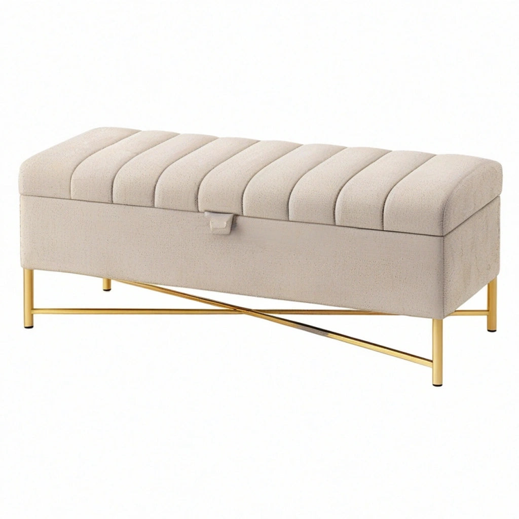 Panca contenitore 110 x 40 x 48 cm in tessuto beige con struttura in metallo dorato - seduta imbottita moderna