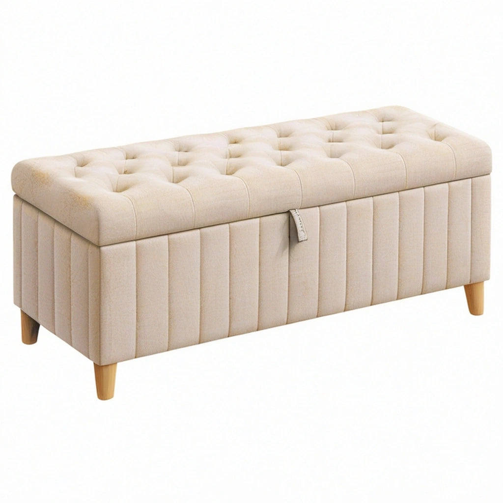Panca contenitore 100 x 40 x 45 cm in tessuto beige con seduta imbottita capitonné