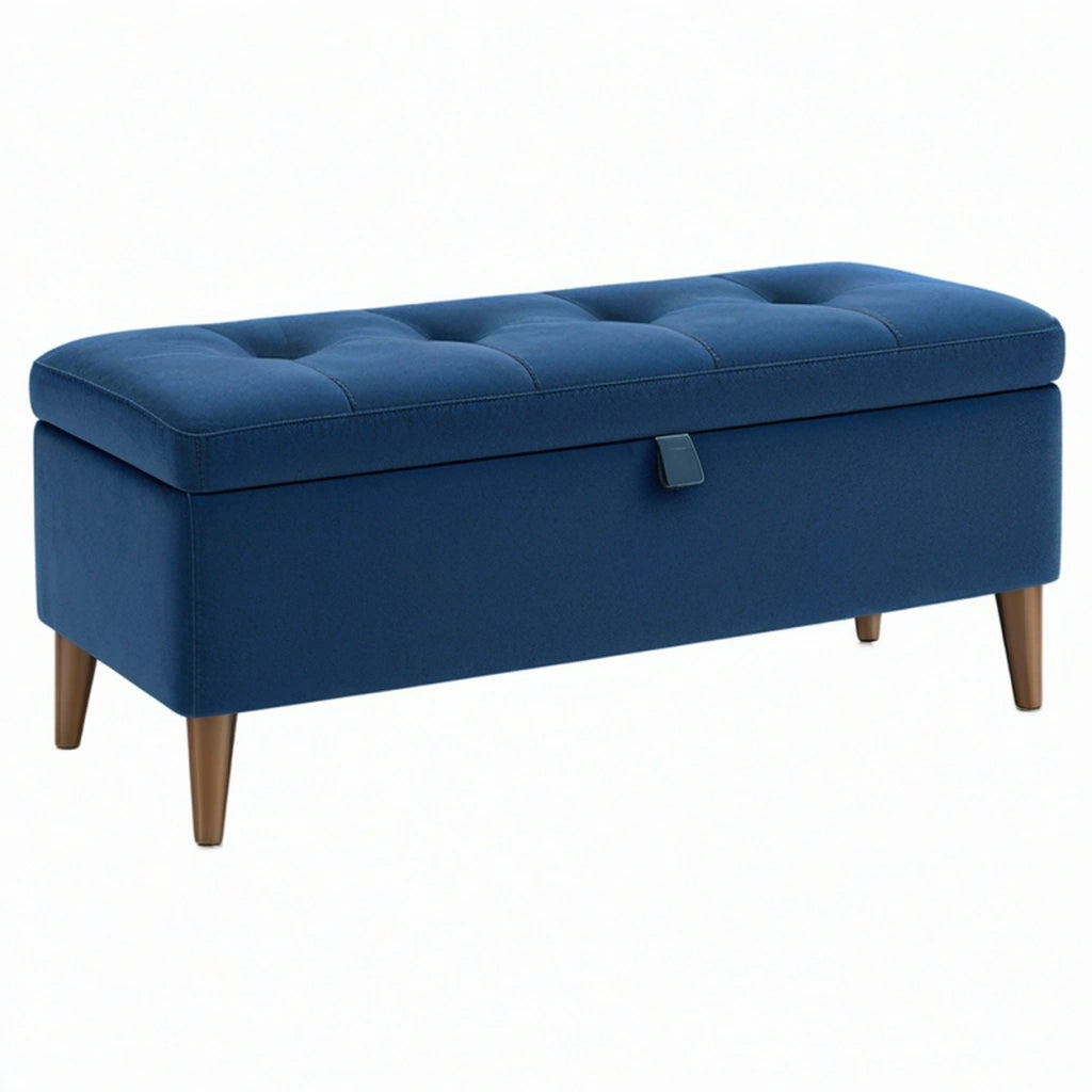 Panca contenitore 100 x 40 x 45 cm in tessuto vellutato blu con seduta trapuntata stile moderno