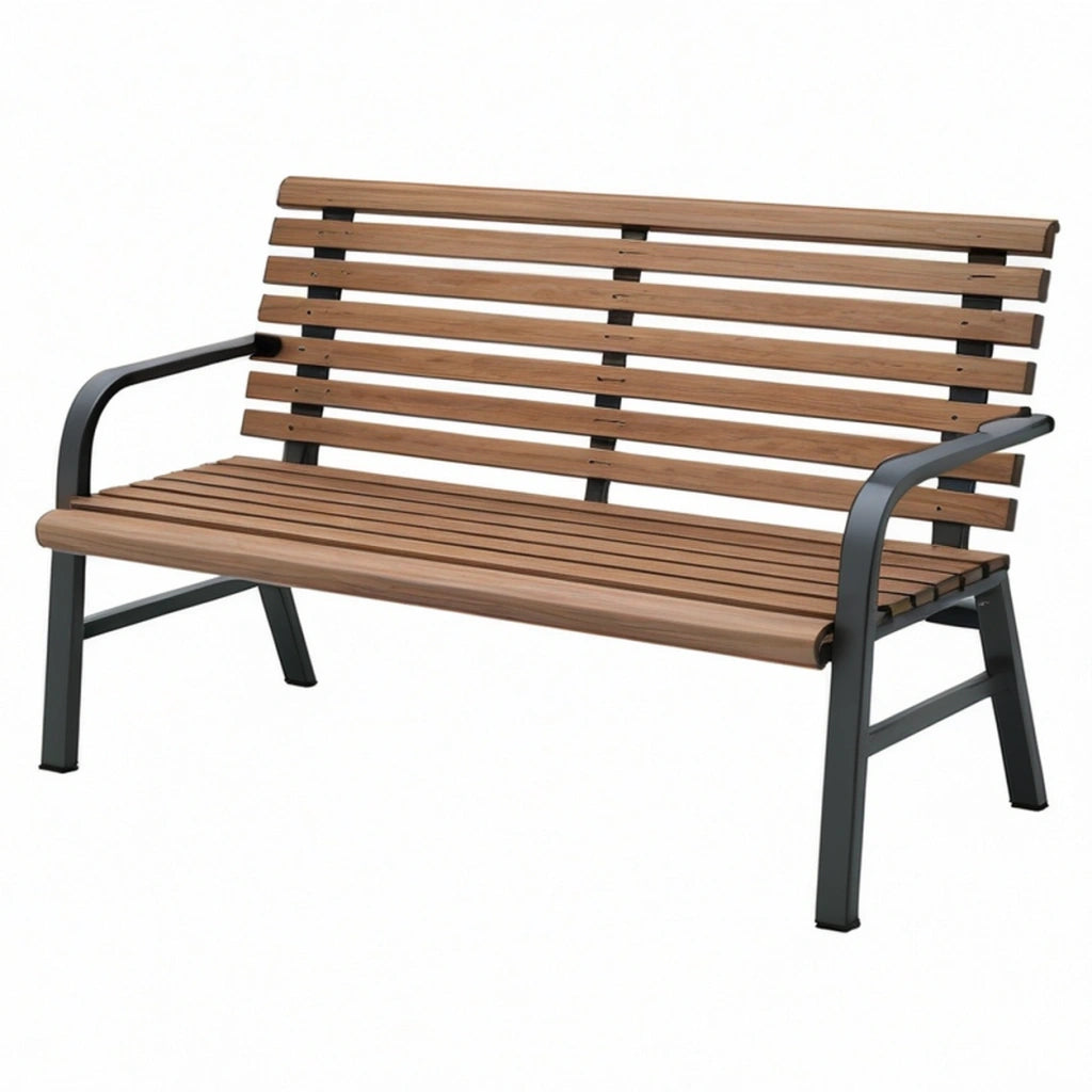 Panchina da giardino 150 x 65 x 85 cm in legno marrone e metallo nero con schienale e braccioli
