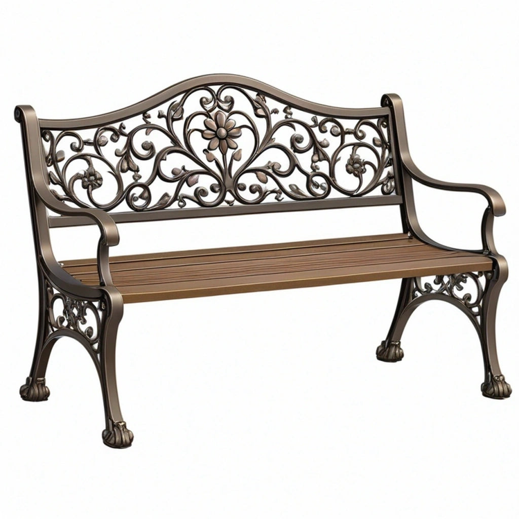 Panca da giardino 122 x 62 x 94 cm in metallo bronzo con schienale floreale classico