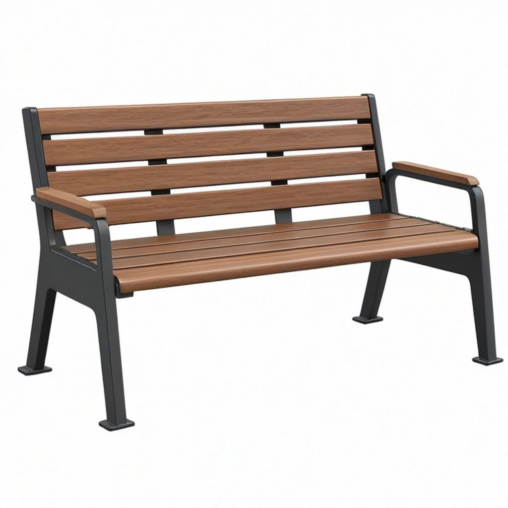 Panchina da giardino 120 x 60 x 82 cm in metallo nero e doghe effetto legno - stile moderno per esterni