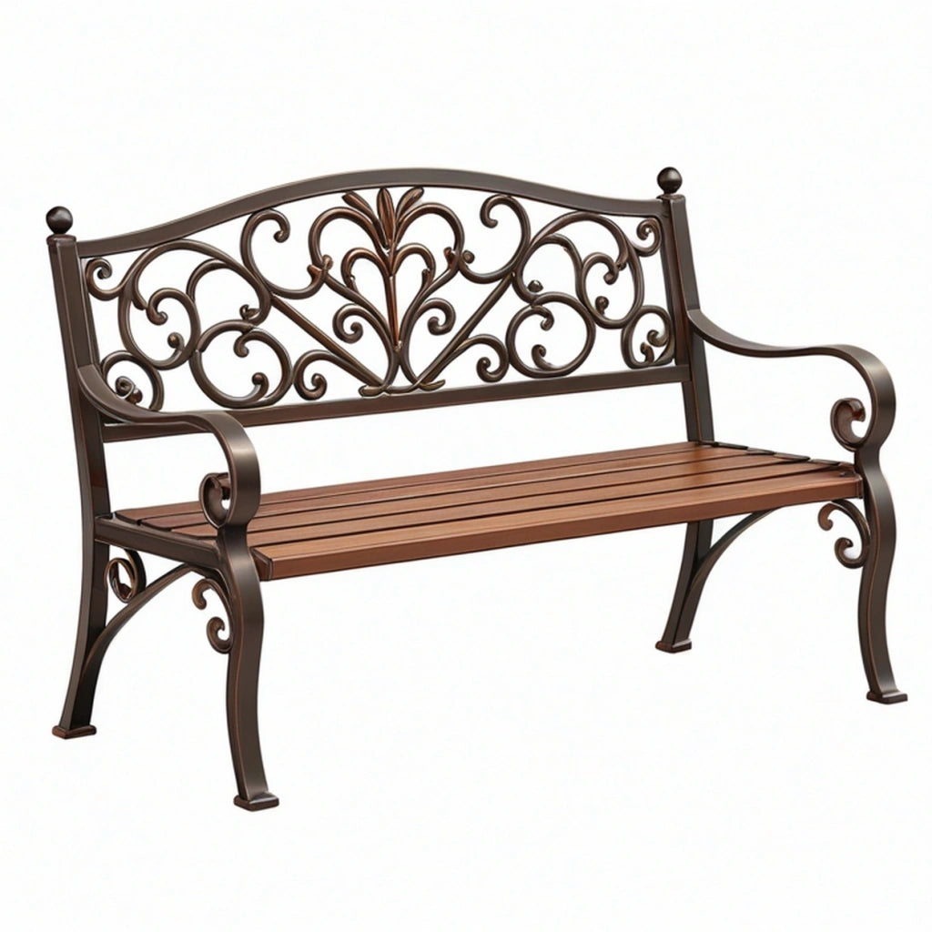 Panca da giardino 120 x 60 x 95 cm in ferro marrone con schienale decorativo