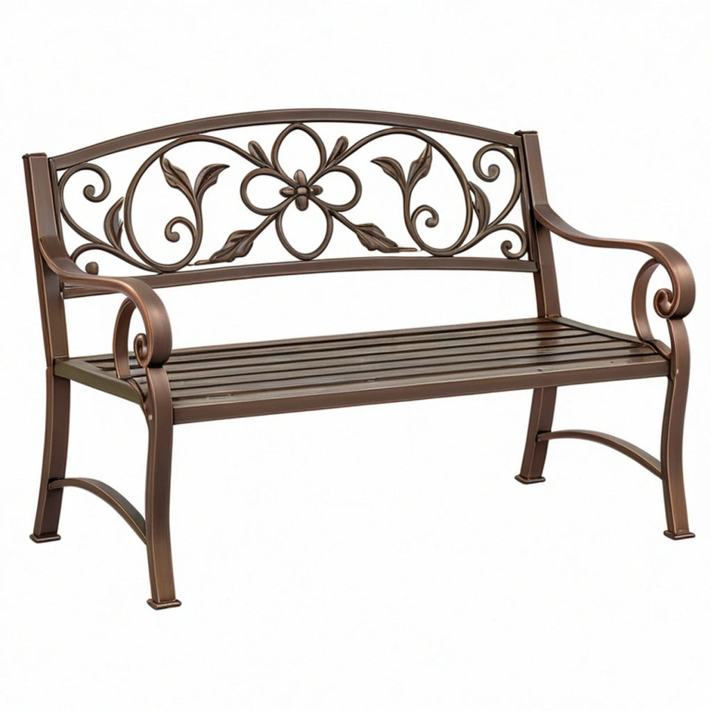 Panchina da giardino 127 cm in metallo bronzo con schienale floreale - seduta a doghe stile classico