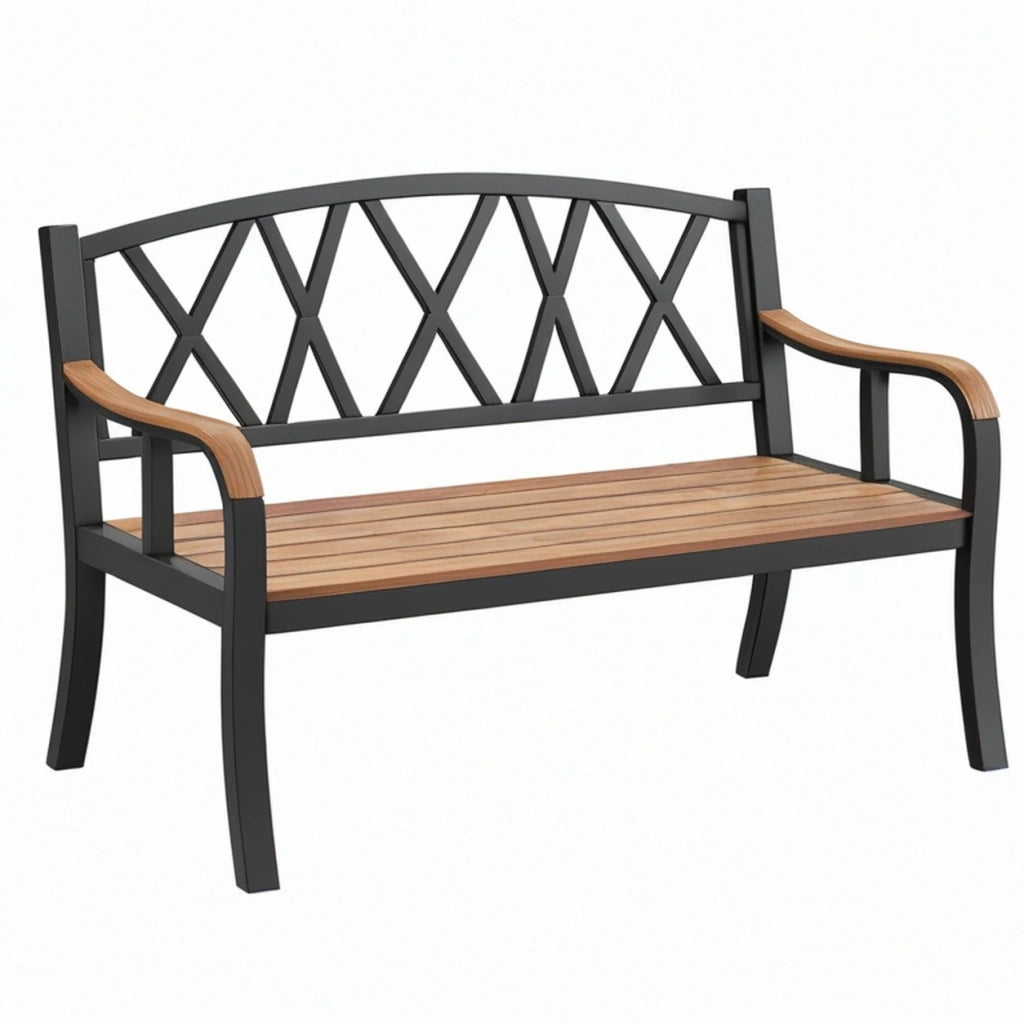 Panchina da giardino 120 x 60 x 88 cm in metallo e legno marrone/nero - schienale a croce