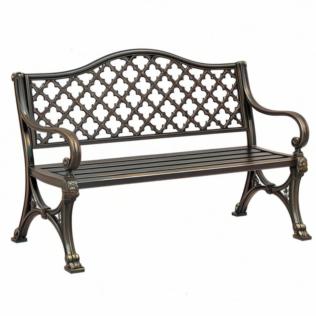 Panca da giardino 122 x 61 x 91 cm in metallo bronzo scuro - schienale traforato classico
