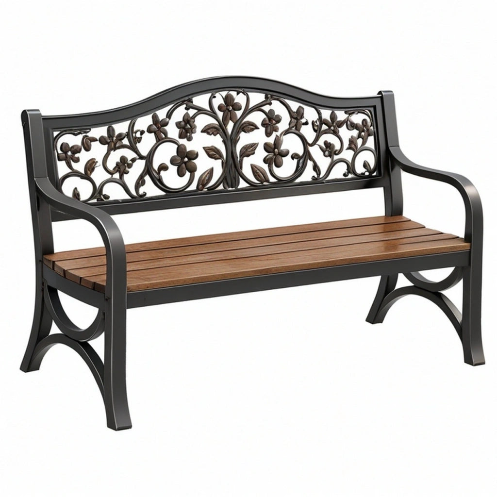 Panca da giardino 122 x 62 x 91 cm in metallo e legno marrone nero con schienale floreale