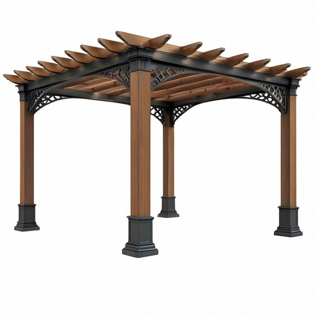 Pergola da giardino 300 x 300 x 250 cm in legno e metallo marrone nero - struttura con tetto a listelli stile classico
