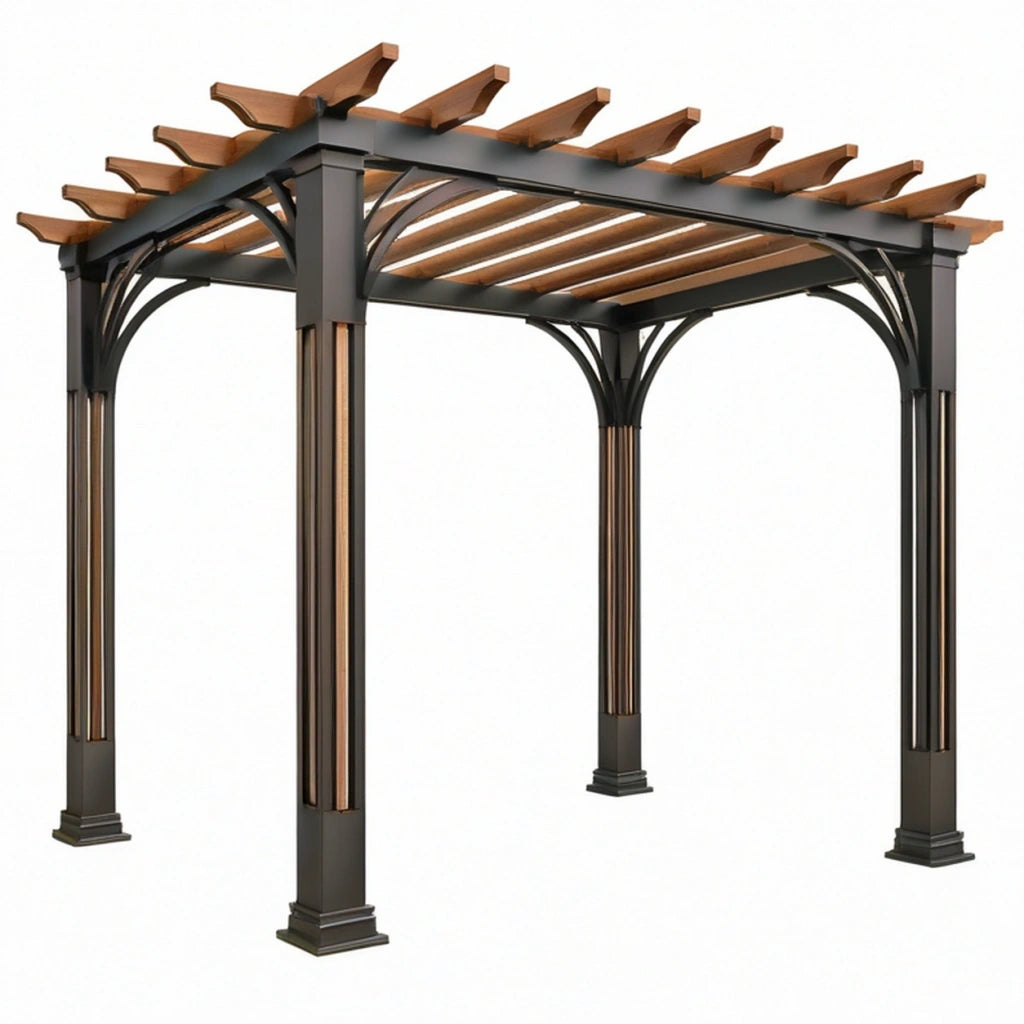 Pergola 300 x 300 x 250 cm in metallo e legno nero marrone per esterno