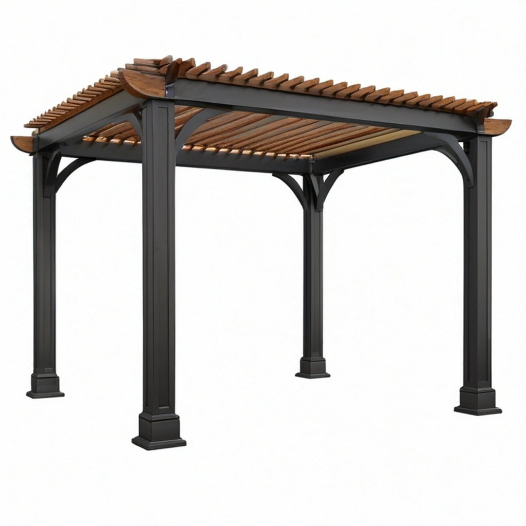 Pergola da giardino 300 x 300 x 250 cm in metallo nero e legno marrone - Struttura ombreggiante a listelli