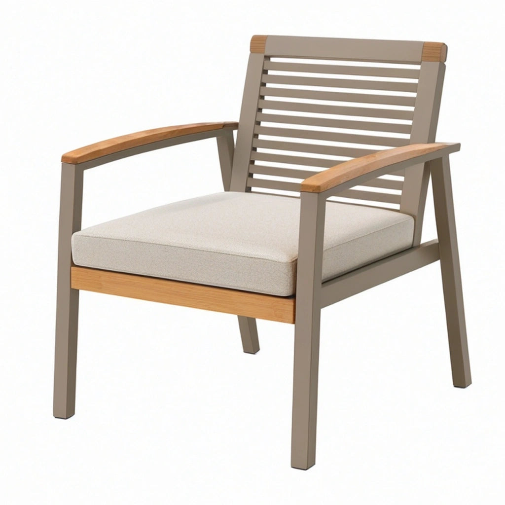 Poltrona da esterno 68 x 74 x 88 cm in metallo e legno tortora beige con cuscino