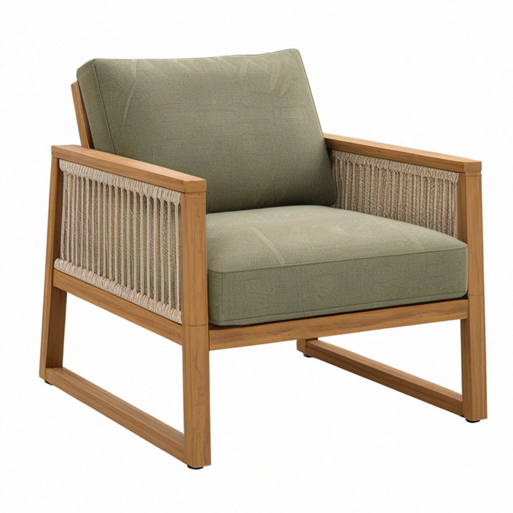 Poltrona 75 x 80 x 82 cm in legno e corda con cuscini verde oliva stile naturale