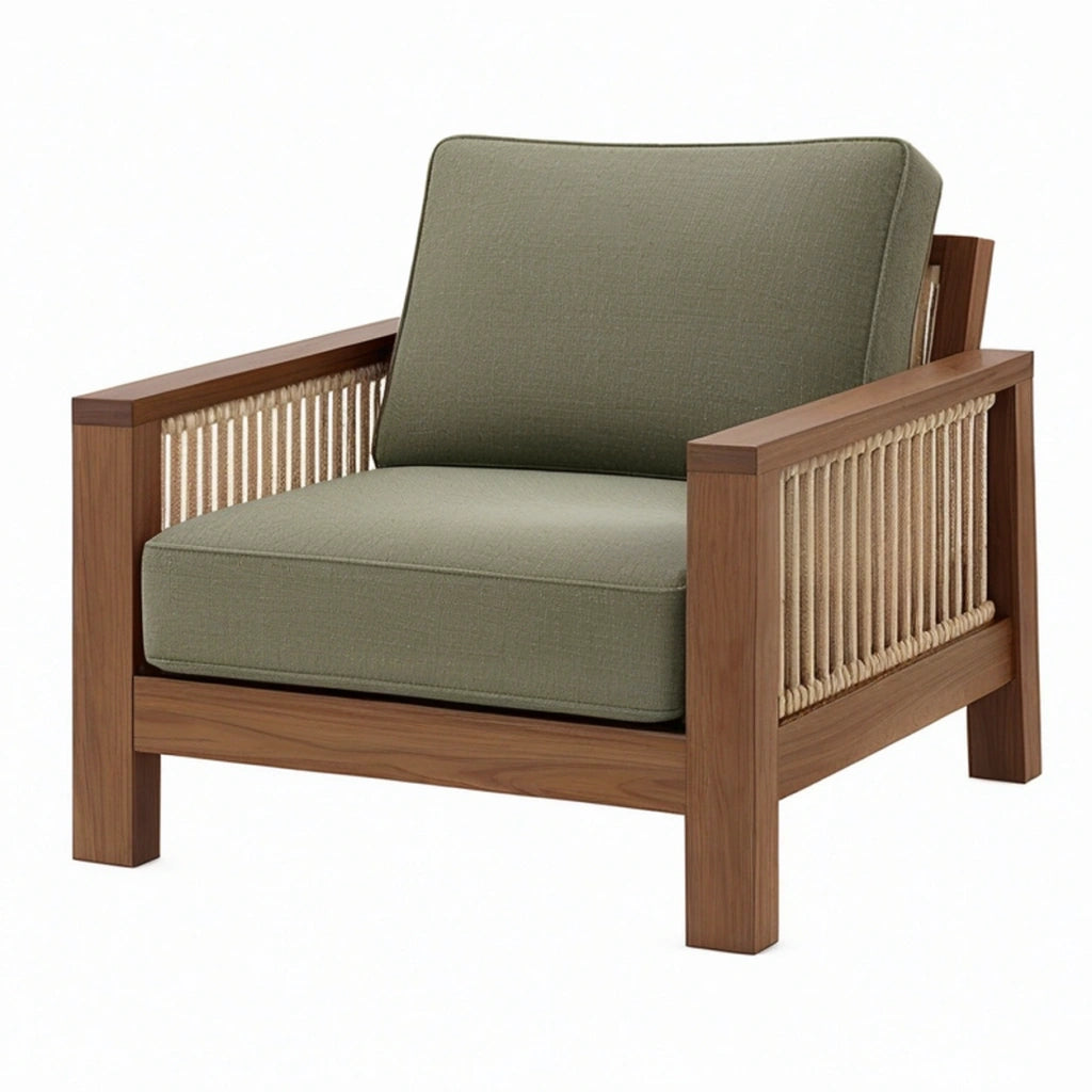 Poltrona 82 x 78 x 82 cm in legno marrone con tessuto verde oliva - stile naturale