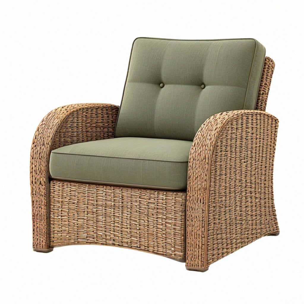 Poltrona 75 x 80 x 90 cm in fibra intrecciata naturale e tessuto verde con schienale capitonné per soggiorno