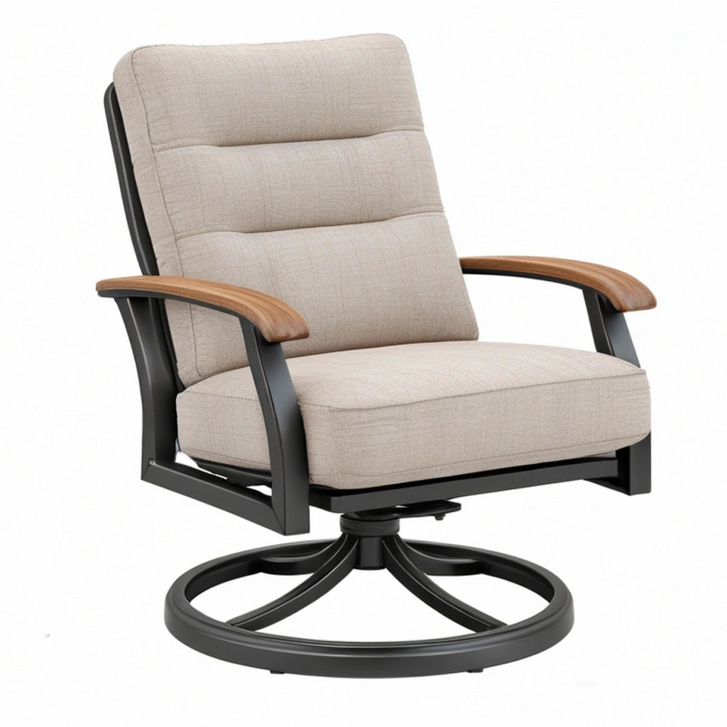Poltrona girevole 80 x 75 x 100 cm in tessuto beige con struttura in metallo e braccioli in legno stile moderno