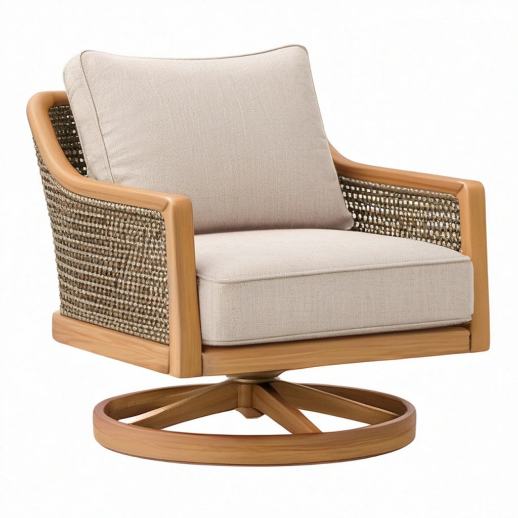 Poltrona girevole 78 x 82 x 84 cm in legno e tessuto beige stile naturale