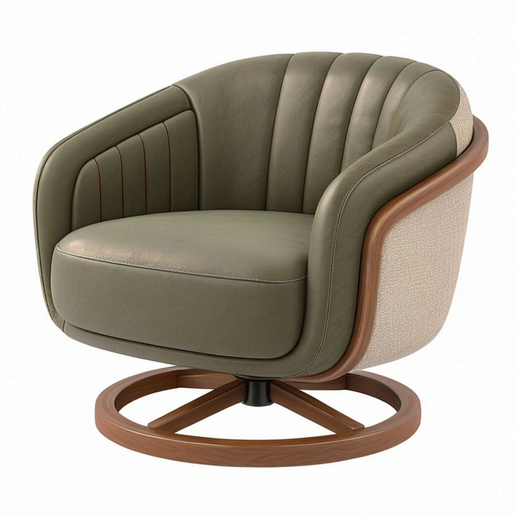 Poltrona girevole 85 x 80 x 75 cm in similpelle verde oliva con base in legno stile moderno