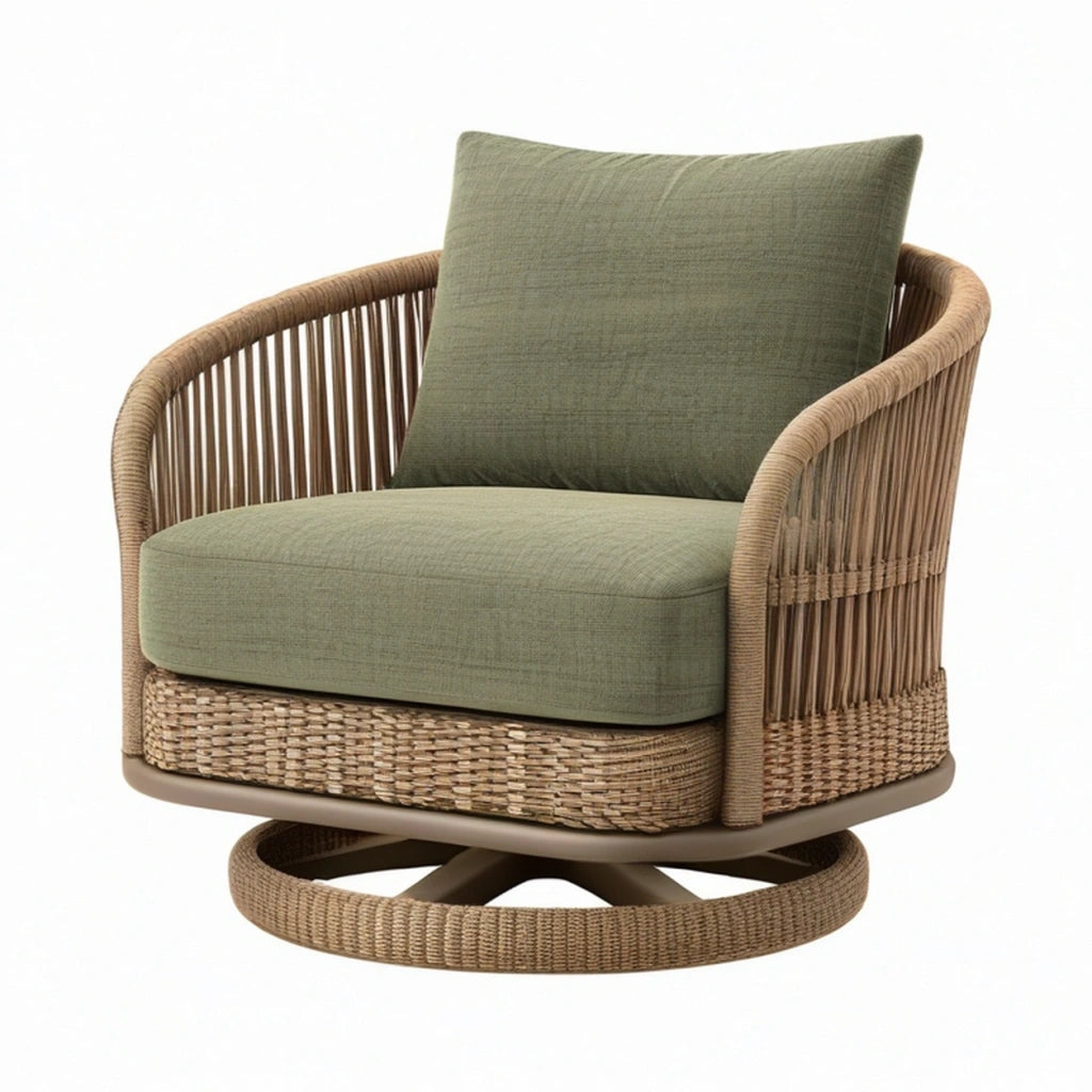 Poltrona girevole 85 x 80 x 83 cm in intreccio effetto rattan verde oliva - seduta imbottita