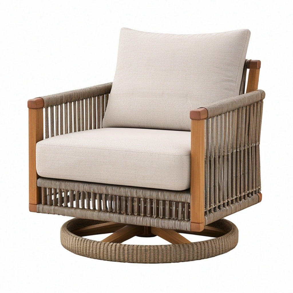 Poltrona da esterno 75 cm x 80 cm x 88 cm in legno e fibra intrecciata beige marrone girevole