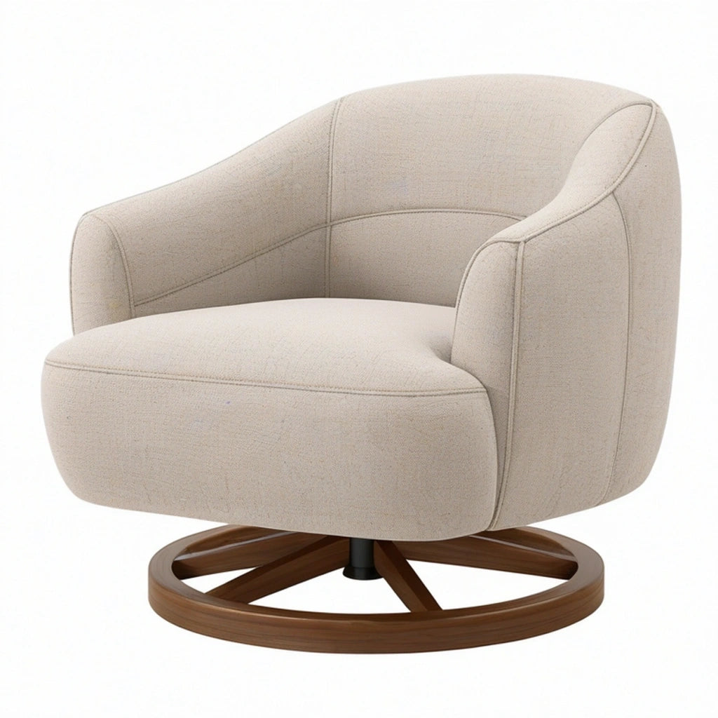 Poltrona girevole 85 x 85 x 78 cm in tessuto beige con base in legno stile moderno